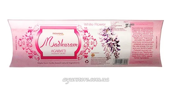 Ароматичні палички White Flower 28 г Patanjali Madhuram Agarbatti White Flower