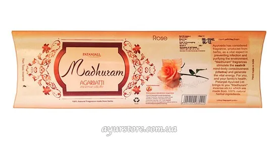 Ароматичні палички Rose 28 г Patanjali Madhuram Agarbatti Rose