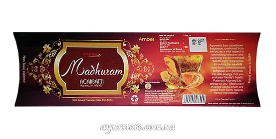 Ароматичні палички Amber 28 г Patanjali Madhuram Agarbatti Amber