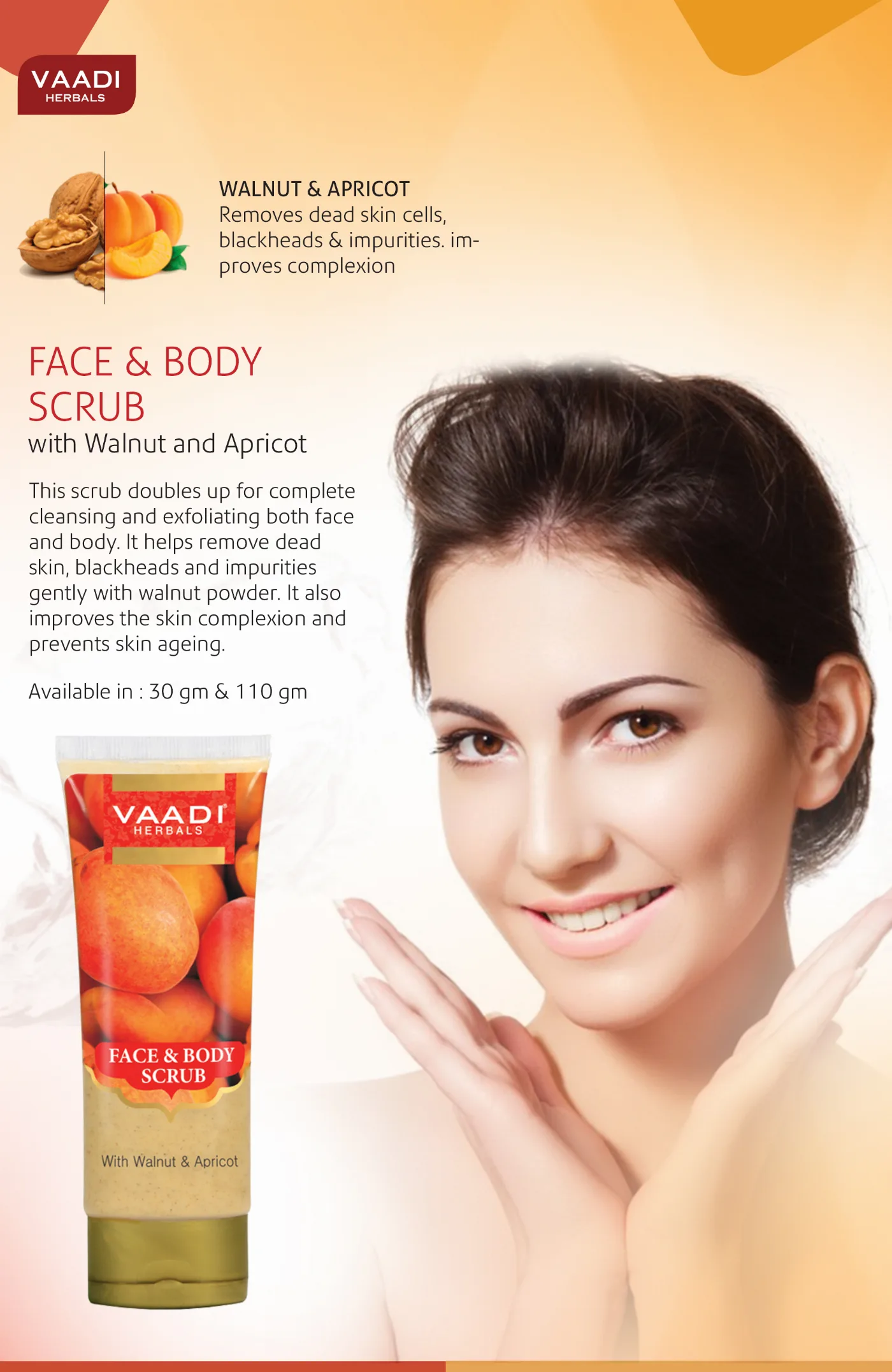 Скраб для тіла та обличчя Волоський горіх і Абрикос 110 г Vaadi Face & Body Scrub with Walnut & Apricot