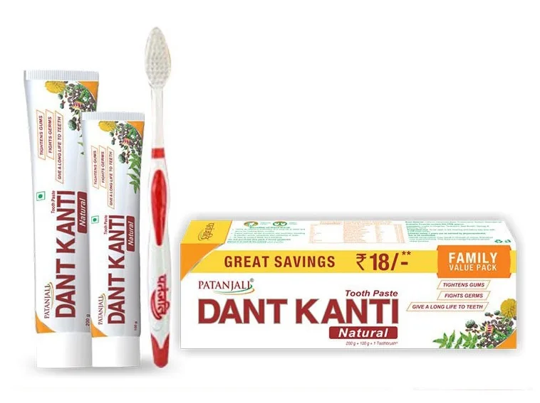 Зубна паста Дант Канті 200 г + 100 г + зубна щітка Patanjali Dant Kanti Natural Family Value Pack