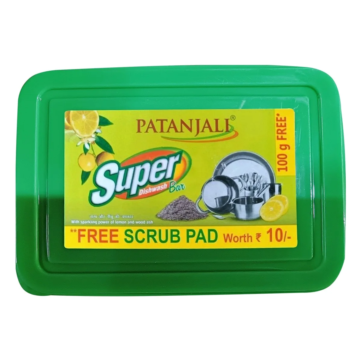 Мыло для мытья посуды с лимоном и золой 600 г + Губка-Т Patanjali Super Dishwash Bar & Scrub Pad