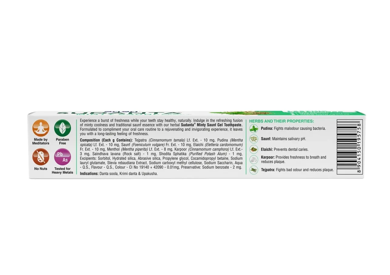Гелевая зубная паста Суданта Мятный фенхель 150 г Sri Sri Ayurveda Sudanta Minty Saunf Gel Toothpaste