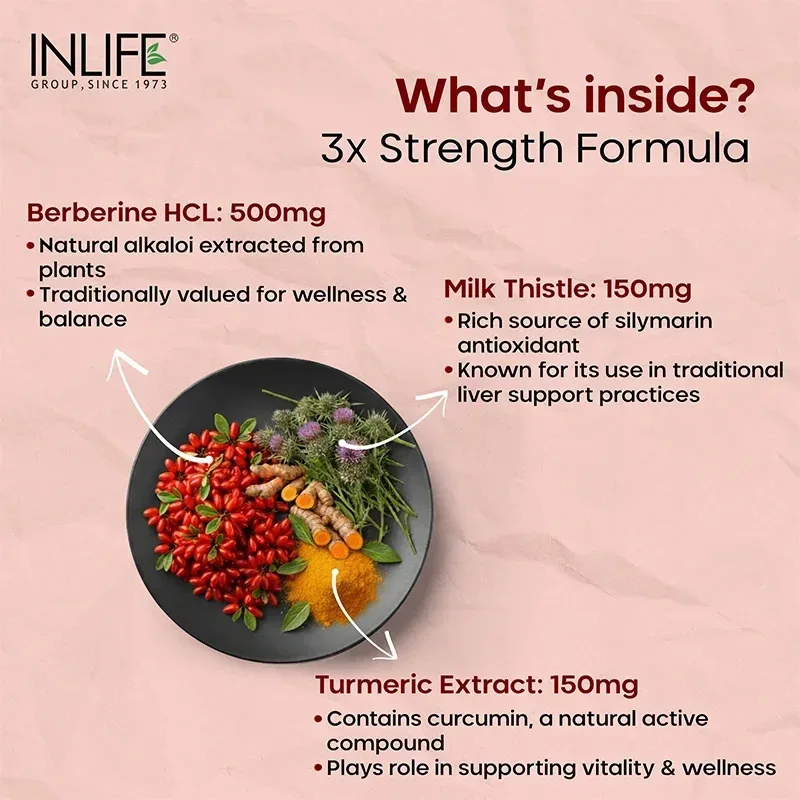 Берберин HCl 500 мг з розторопшею та куркумою 60 капс Inlife Berberine HCl with Milk Thistle & Turmeric