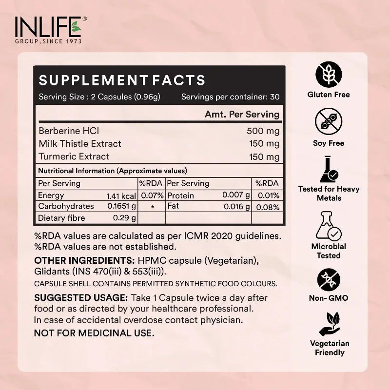 Берберин HCl 500 мг з розторопшею та куркумою 60 капс Inlife Berberine HCl with Milk Thistle & Turmeric