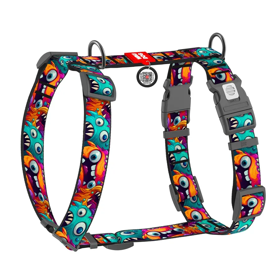 Шлея для собак анатомическая H-образная «Зубастые монстры», XL WAUDOG Nylon Anatomic Harness Toothy Monsters