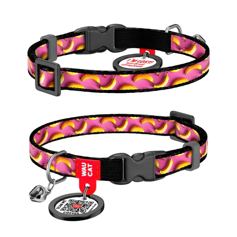 Нашийник для котів нейлоновий «Банани на рожевому», XS WAUCAT Nylon Collar Bananas on Pink