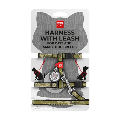 Шлея с поводком, с «Милитари», XS WAUCAT Nylon Harness with Leash Military