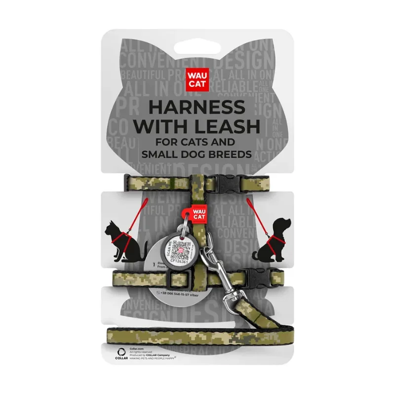 Шлея з повідцем «Мілітарі», XS WAUCAT Nylon Harness with Leash Military