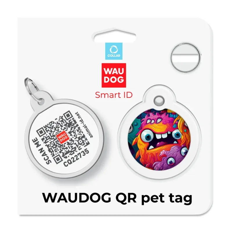 Адресник для собак і котів металевий, коло «Зубасті монстри», L WAUDOG Smart ID Tag Toothy Monsters