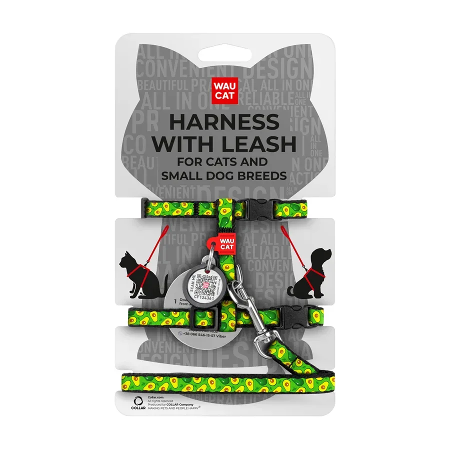 Шлея з повідцем «Авокадо», XS WAUCAT Nylon Harness with Leash Avocado