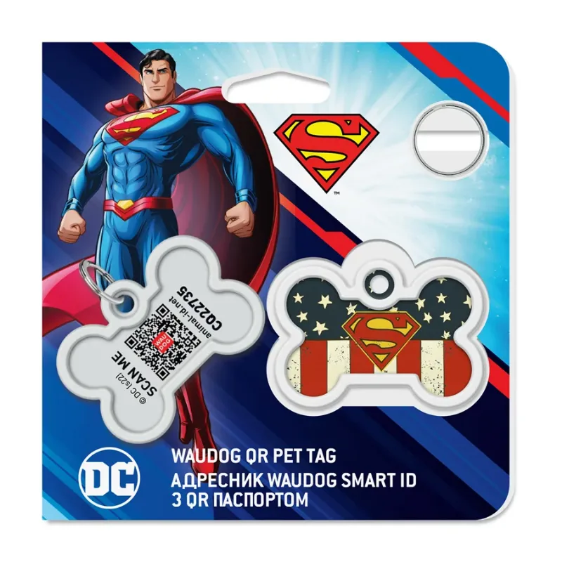 Адресник для собак и котов металлический, кость «Супермен Америка», M WAUDOG Smart ID Tag Superman America
