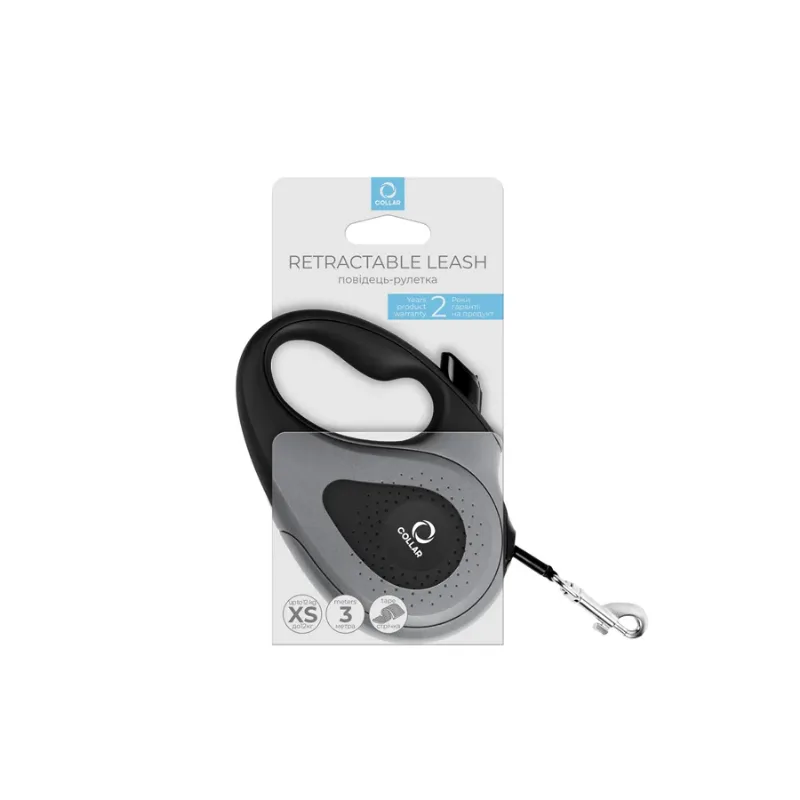 Поводок-рулетка для собак, 12 кг, 3 м, светоотражающая лента, XS, черный Collar Retractable Leash