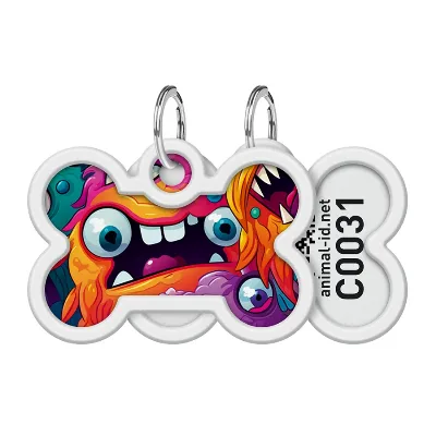 Адресник для собак і котів металевий, кістка «Зубасті монстри», M WAUDOG Smart ID Tag Toothy Monsters