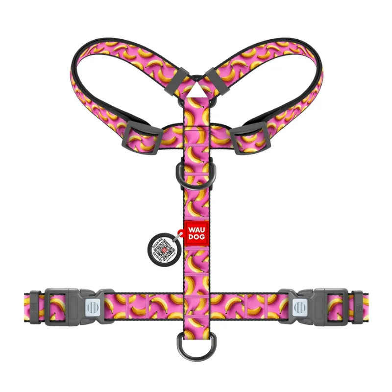 Шлея для собак анатомічна H-подібна «Банани на рожевому», L WAUDOG Nylon Anatomic Harness Bananas on Pink