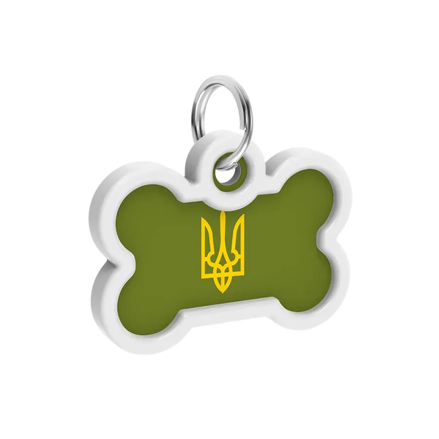 Адресник для собак і котів металевий, кістка «Тризуб олива», M WAUDOG Smart ID Tag Olive Trident