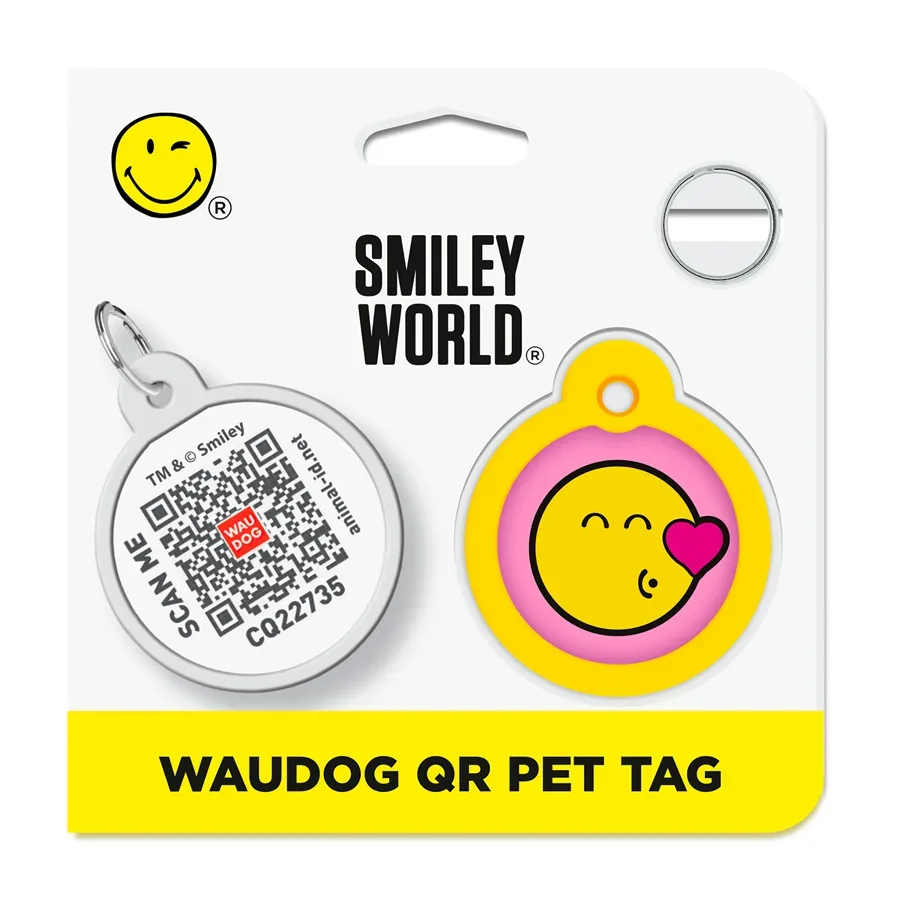 Адресник для собак и котов металлический, круг «Смайлы на розовом», L WAUDOG Smart ID Tag Smileys on Pink