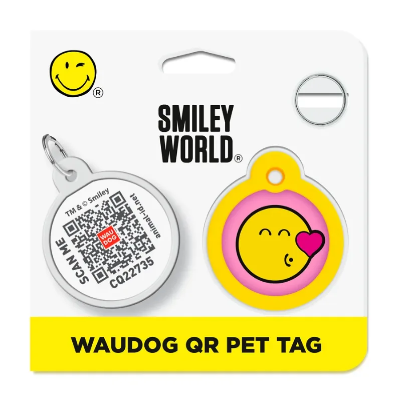 Адресник для собак и котов металлический, круг «Смайлы на розовом», L WAUDOG Smart ID Tag Smileys on Pink