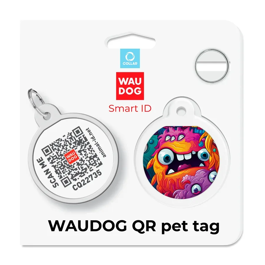Адресник для собак і котів металевий, коло «Зубасті монстри», S WAUDOG Smart ID Tag Toothy Monsters