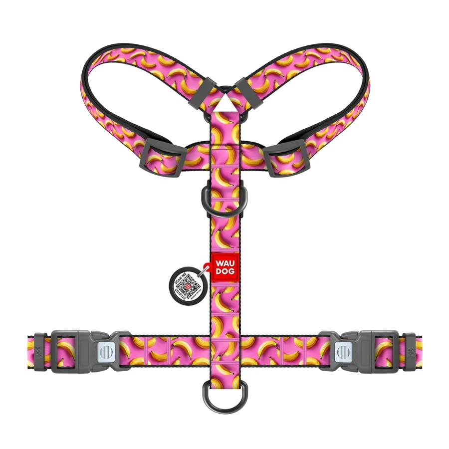 Шлея для собак анатомічна H-подібна «Банани на рожевому», M WAUDOG Nylon Anatomic Harness Bananas on Pink