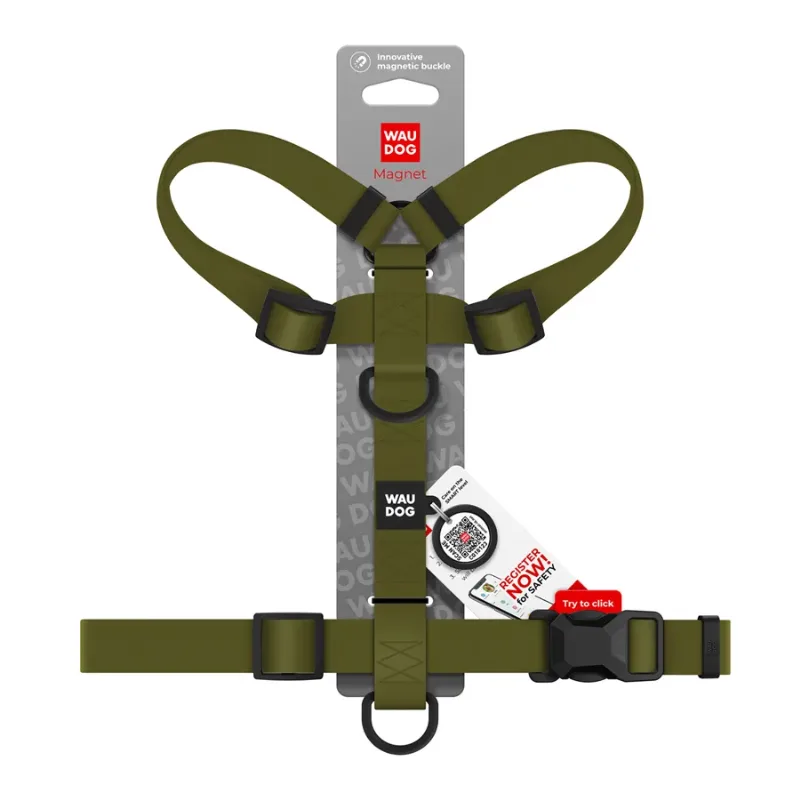 Шлея для собак водостойкая анатомическая Н-образная, M, хаки WAUDOG Magnet Harness
