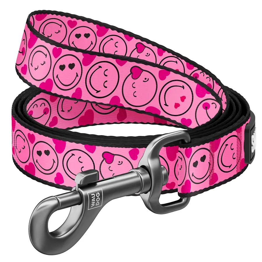 Поводок для собак нейлоновый «Смайлы на розовом», L-XXL WAUDOG Nylon Leash Smileys on Pink