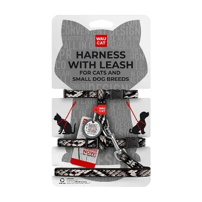 Шлея с поводком для котов и мелких пород собак c QR адресником «Змея», XS WAUCAT Nylon Harness with Leash Snake