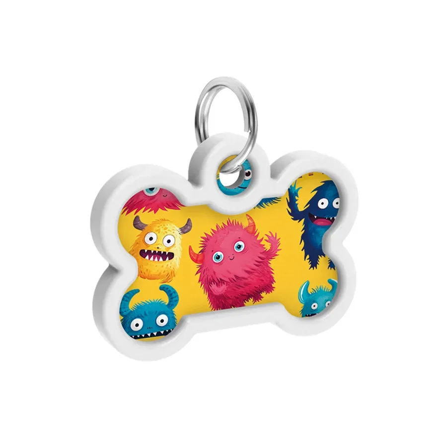 Адресник для собак і котів металевий, кістка «Мохнаті монстри», M WAUDOG Smart ID Tag Furry Monsters