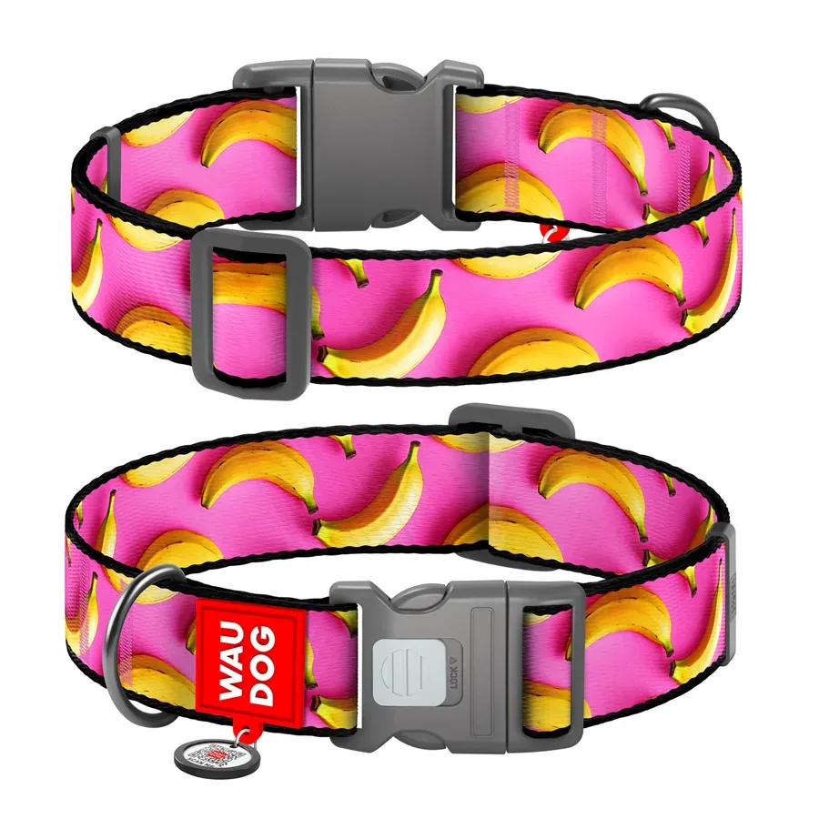 Нашийник для собак нейлоновий «Банани на рожевому», XXL WAUDOG Nylon Collar Bananas on Pink