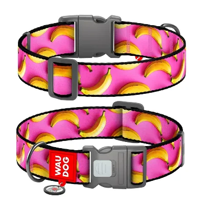 Ошейник для собак нейлоновый «Бананы на розовом», XXL WAUDOG Nylon Collar Bananas on Pink