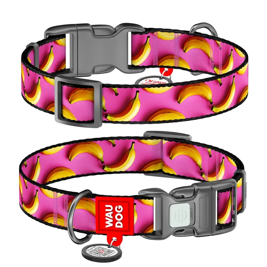 Нашийник для собак нейлоновий «Банани на рожевому», S WAUDOG Nylon Collar Bananas on Pink