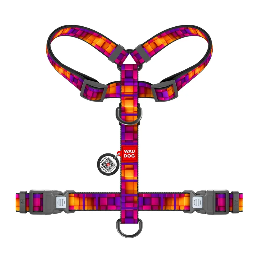 Шлея для собак анатомическая H-образная «Кубы 3Д», M WAUDOG Nylon Anatomic Harness 3D Cubes