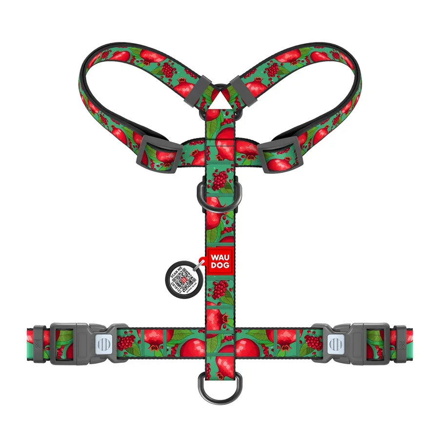 Шлея для собак анатомічна H-подібна «Гранати», M WAUDOG Nylon Anatomic Harness Pomegranates