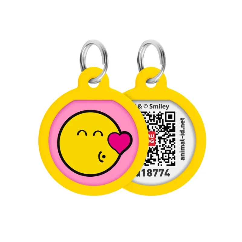 Адресник для собак і котів металевий, коло «Смайли на рожевому», S WAUDOG Smart ID Tag Smileys on Pink