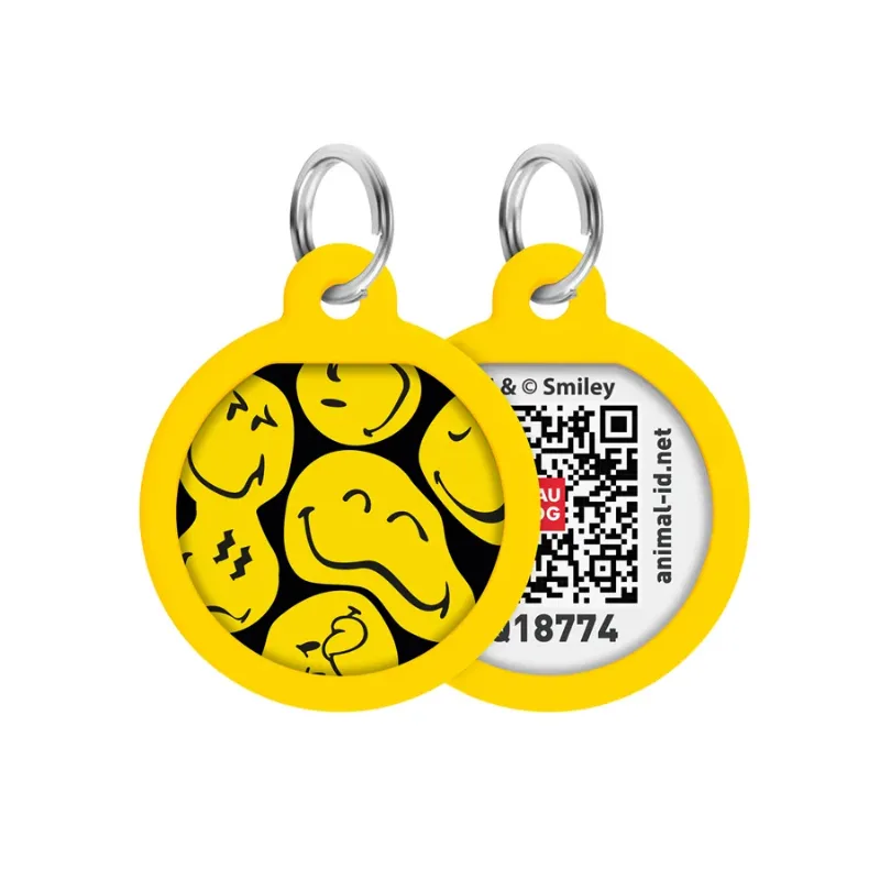 Адресник для собак і котів металевий, коло «Смайли на чорному», S WAUDOG Smart ID Tag Smileys on Black