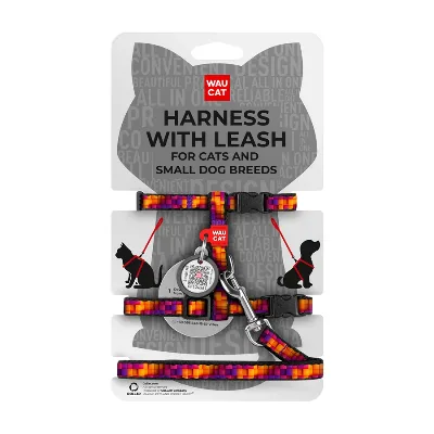Шлея с поводком для котов и мелких пород собак «Кубы 3Д», XS WAUCAT Nylon Harness with Leash 3D Cubes