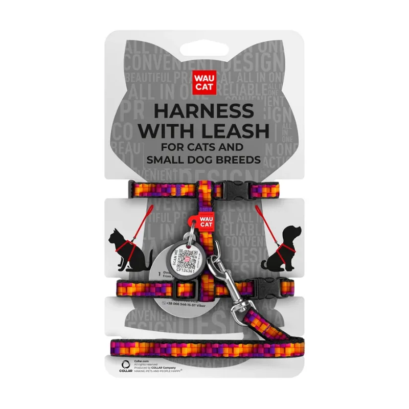 Шлея с поводком для котов и мелких пород собак «Кубы 3Д», XS WAUCAT Nylon Harness with Leash 3D Cubes