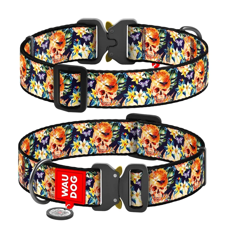Нашийник для собак нейлоновий «Гламурні черепи», XXL WAUDOG Nylon Collar Glam Skulls