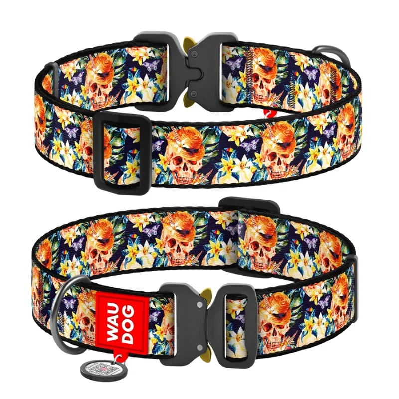Нашийник для собак нейлоновий «Гламурні черепи», XXL WAUDOG Nylon Collar Glam Skulls