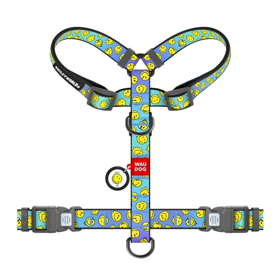 Шлея для собак анатомічна H-подібна «Смайли на блакитному», L WAUDOG Nylon Anatomic Harness Smileys on Blue