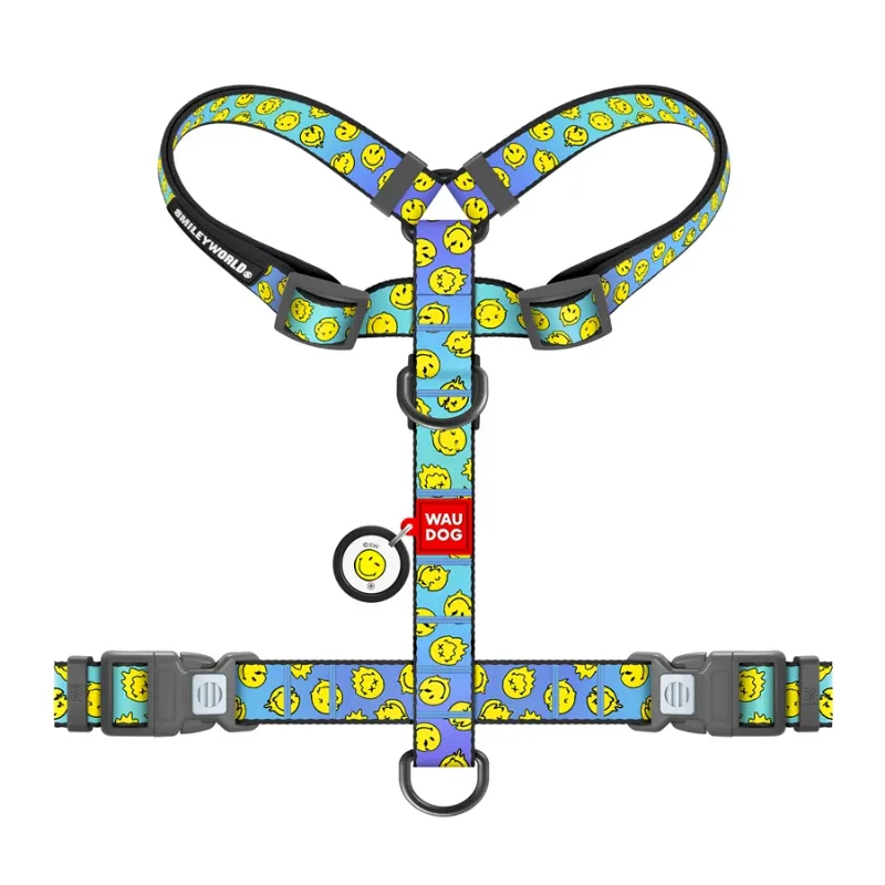 Шлея для собак анатомічна H-подібна «Смайли на блакитному», L WAUDOG Nylon Anatomic Harness Smileys on Blue