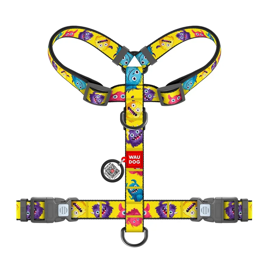 Шлея для собак анатомическая H-образная «Мохнатые монстры», L WAUDOG Nylon Anatomic Harness Furry Monsters