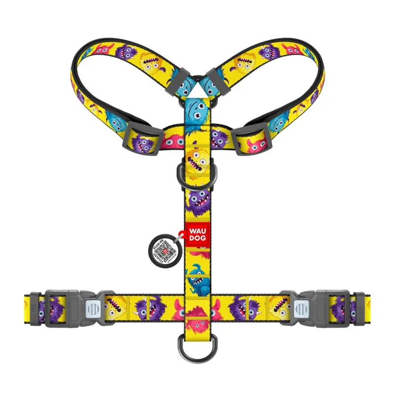 Шлея для собак анатомическая H-образная «Мохнатые монстры», L WAUDOG Nylon Anatomic Harness Furry Monsters