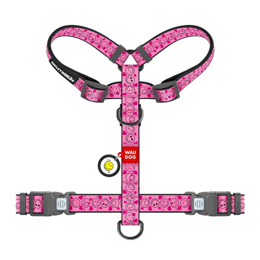 Шлея для собак анатомічна H-подібна «Смайли на рожевому», XL WAUDOG Nylon Anatomic Harness Smileys on Pink
