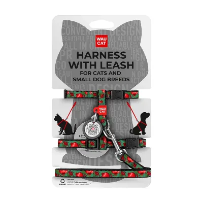 Шлея с поводком для котов и мелких пород собак «Гранаты», XS WAUCAT Nylon Harness with Leash Pomegranates