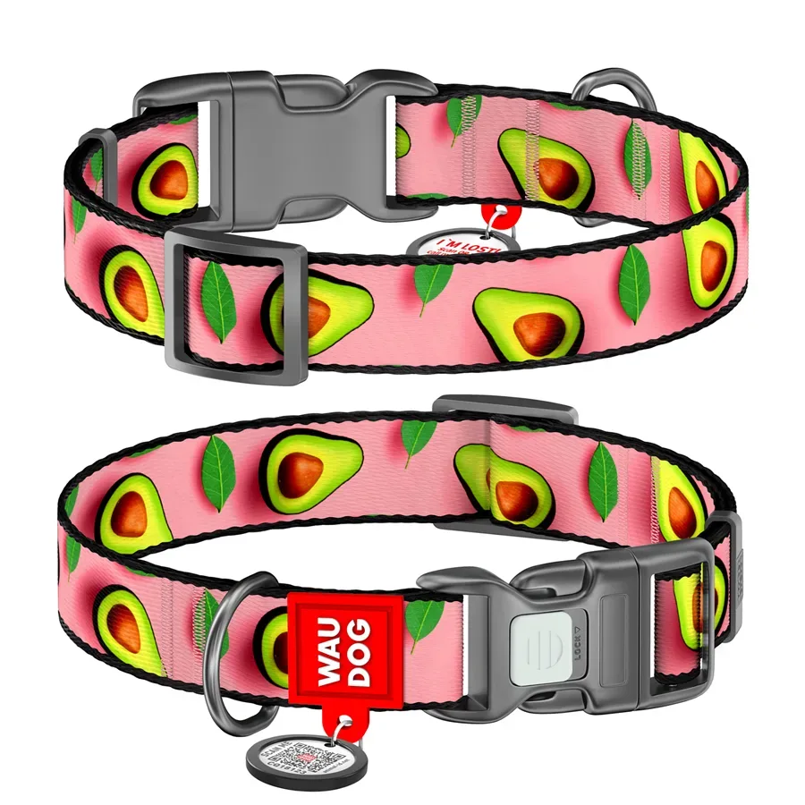 Нашийник для собак нейлоновий «Авокадо на рожевому», S WAUDOG Nylon Collar Avocado on Pink