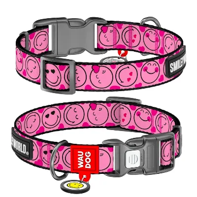 Нашийник для собак нейлоновий «Смайли на рожевому», L WAUDOG Nylon Collar Smileys on Pink
