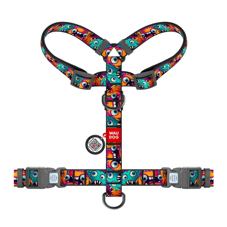 Шлея для собак анатомічна H-подібна «Зубасті монстри», M WAUDOG Nylon Anatomic Harness Toothy Monsters