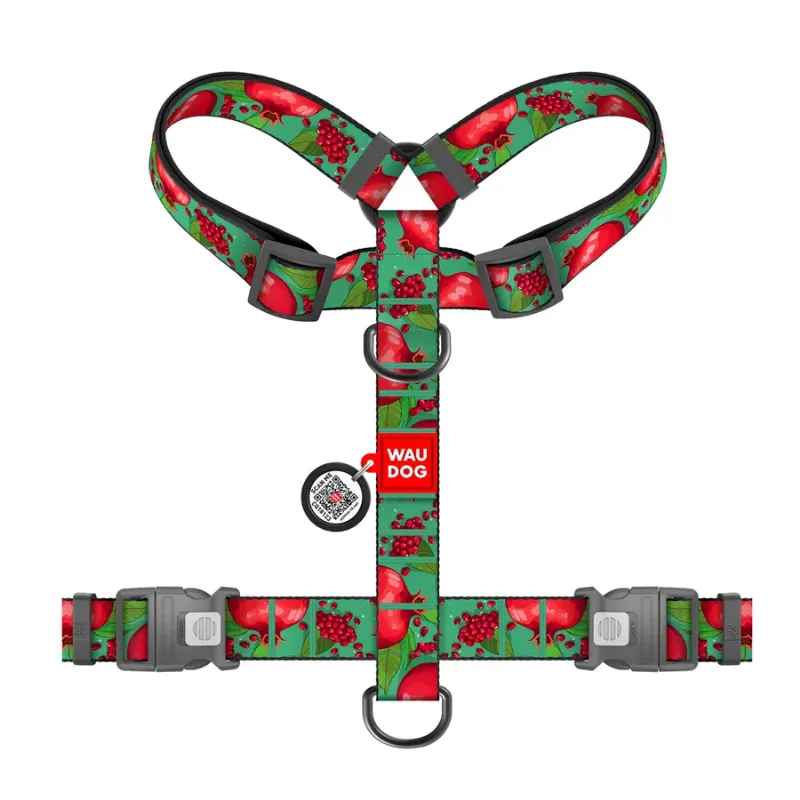 Шлея для собак анатомічна H-подібна «Гранати», XL WAUDOG Nylon Anatomic Harness Pomegranates