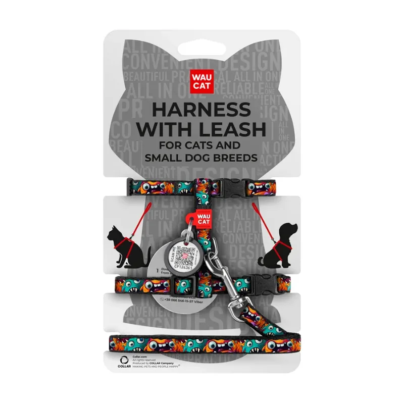 Шлея с поводком для котов и мелких пород собак «Зубастые монстры», XS WAUCAT Nylon Harness with Leash Toothy Monsters